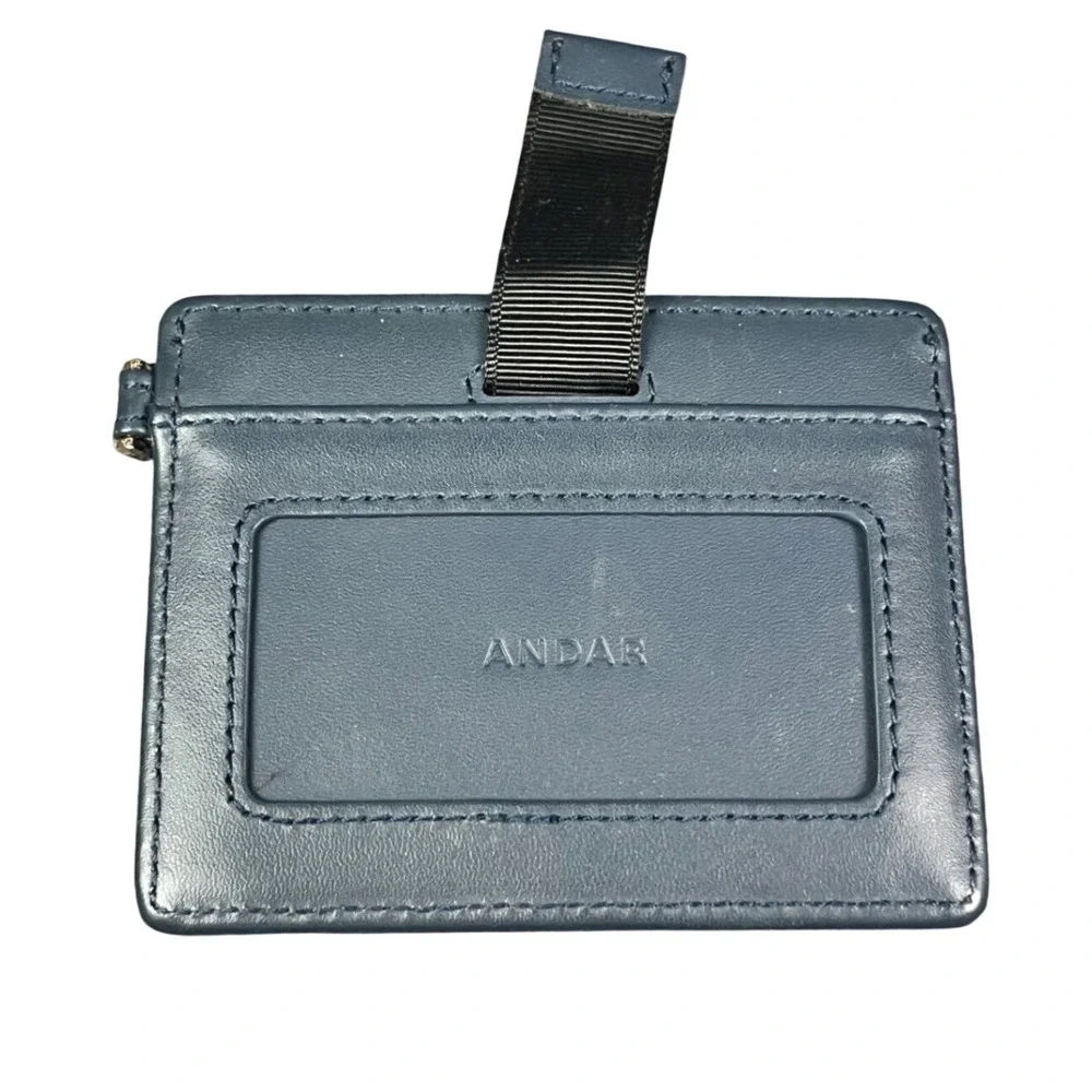 Andar Navy Blue Leather Minimalist Card Holder Wallet with ID Window Pull Tab